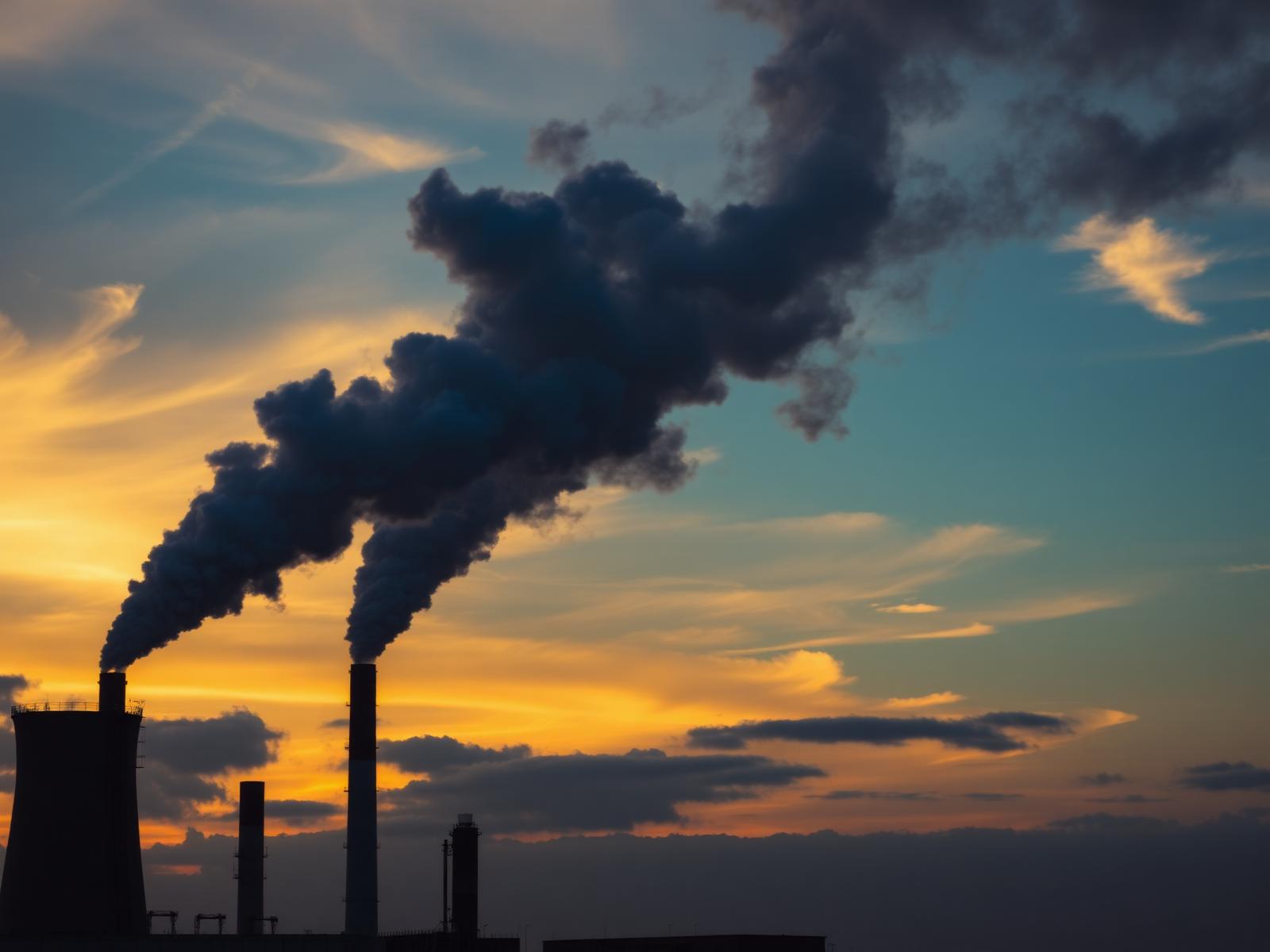Industrial smokestacks at sunset
